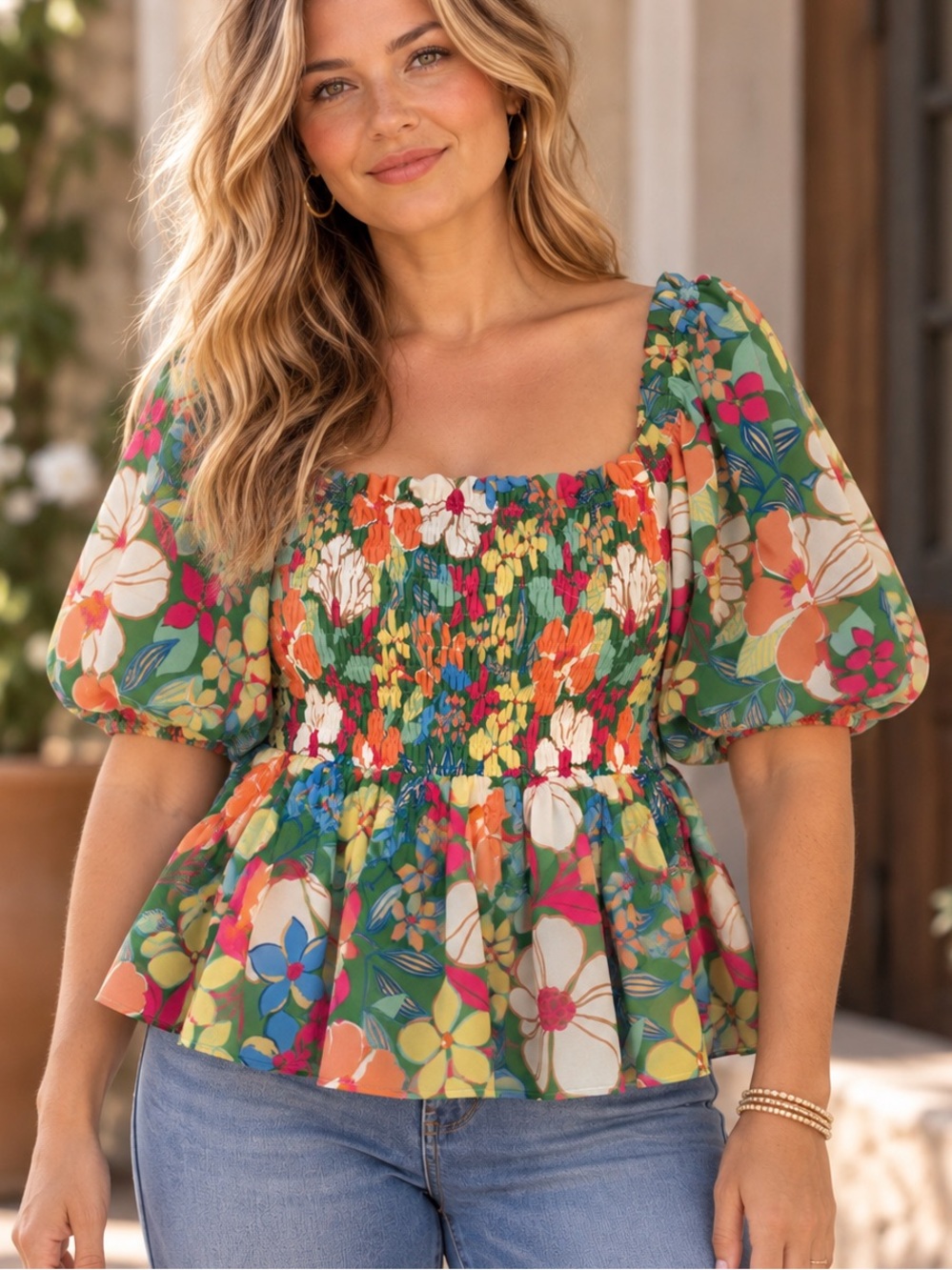 Flying Tomato Sz 1X Colorful Floral Top Peplum Smocked 70’s inspired Boho Retro